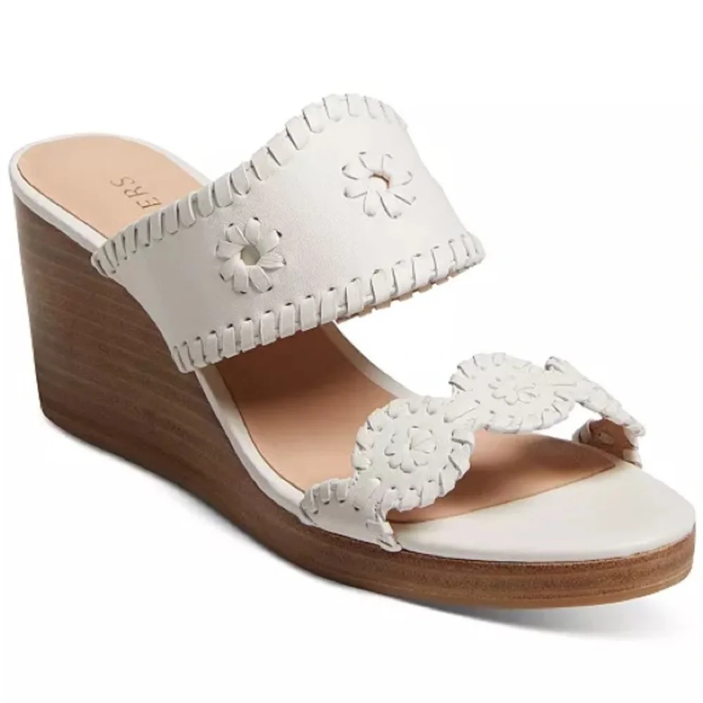 Jack Rogers Caroline Wedge Sandal WhiteLeather Whipstitch Floral Cutout Platform